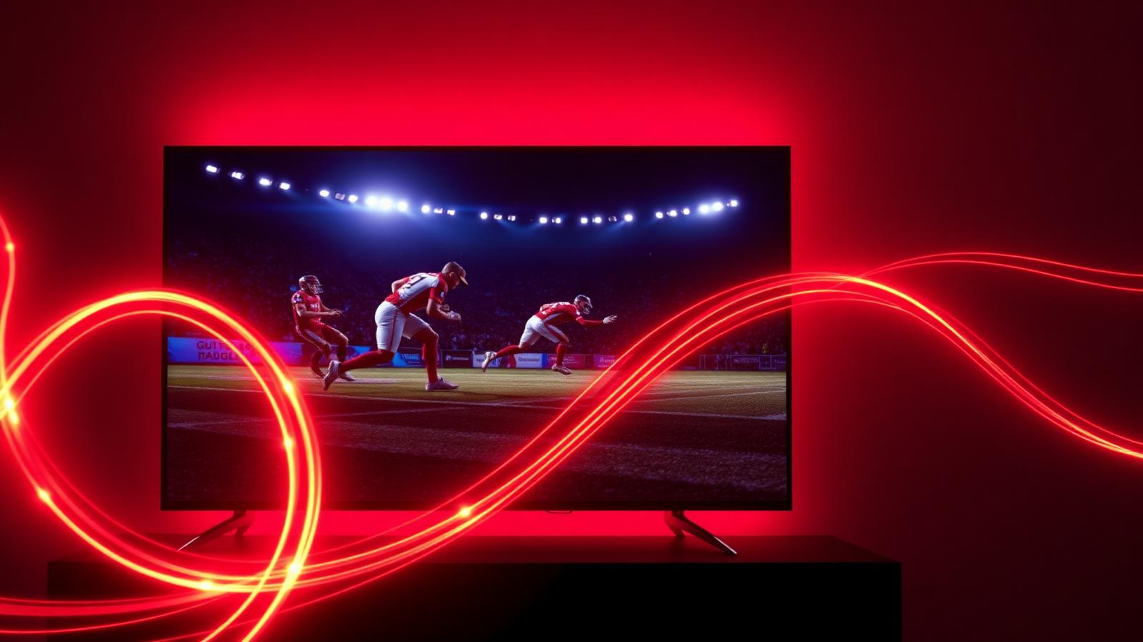 How to Fix IPTV Buffering During Live Sports Glowing fiber optic cables flowing into a TV showing live sports