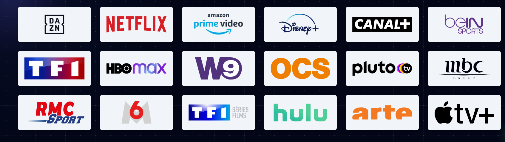 Premium channels: Netflix, Disney+, HBO Max, Prime Video, DAZN, beIN Sports, Hulu, Apple TV+