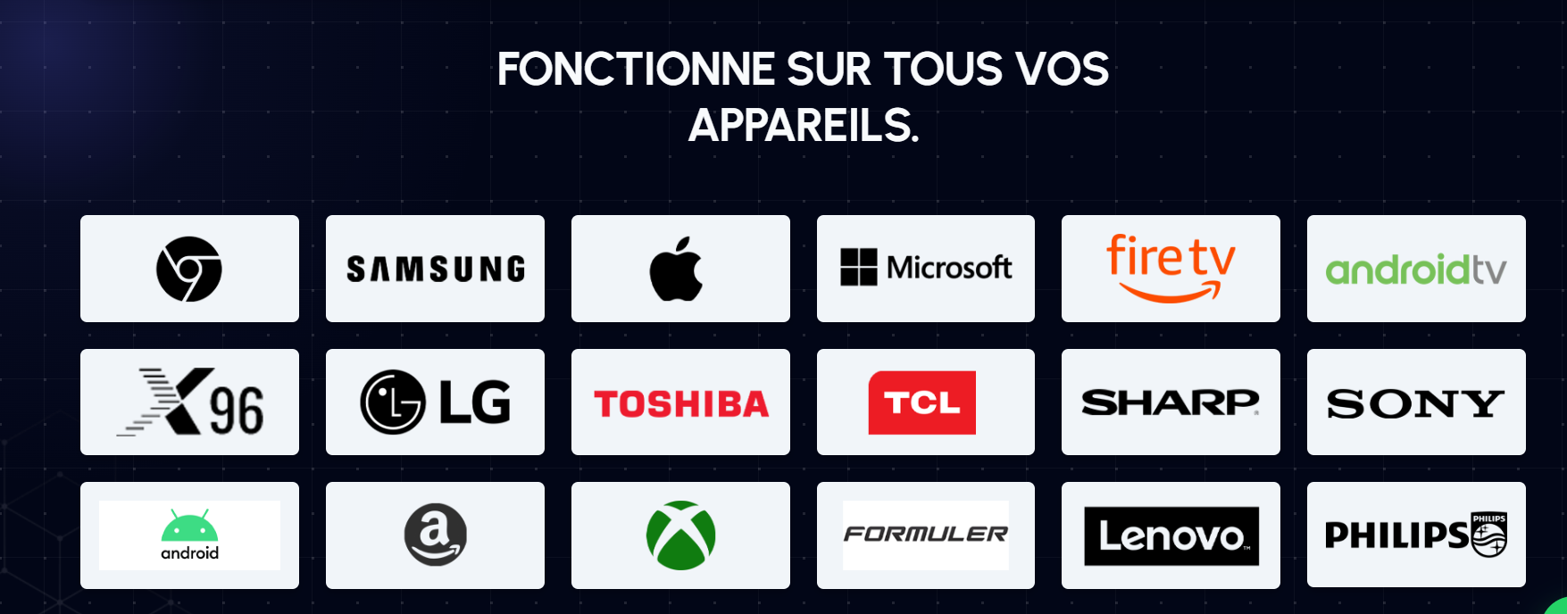 Compatible devices: Chrome, Samsung, Apple, Microsoft, Fire TV, Android TV, LG, Sony