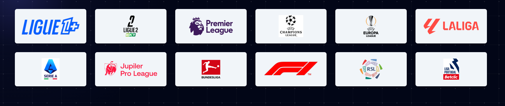 Sports leagues: Premier League, Champions League, LaLiga, Serie A, Bundesliga, Ligue 1, F1