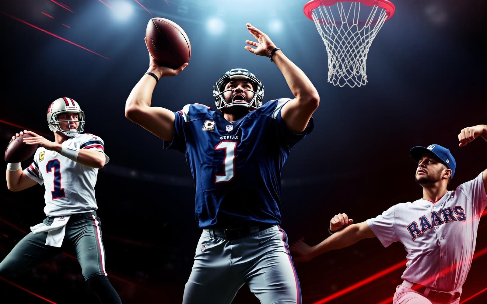 Premium USA sports coverage NFL quarterback, NBA player, UFC fighter and MLB pitcher in action